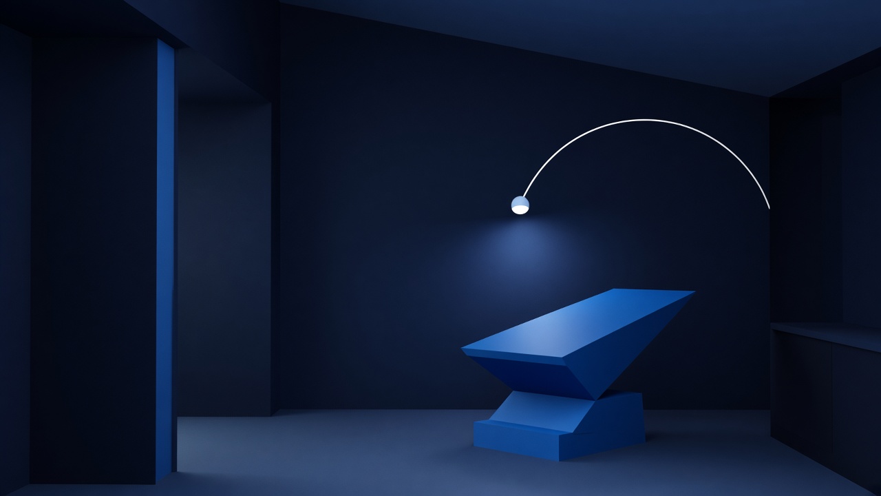 Abstract geometric dental chair in a dark operatory